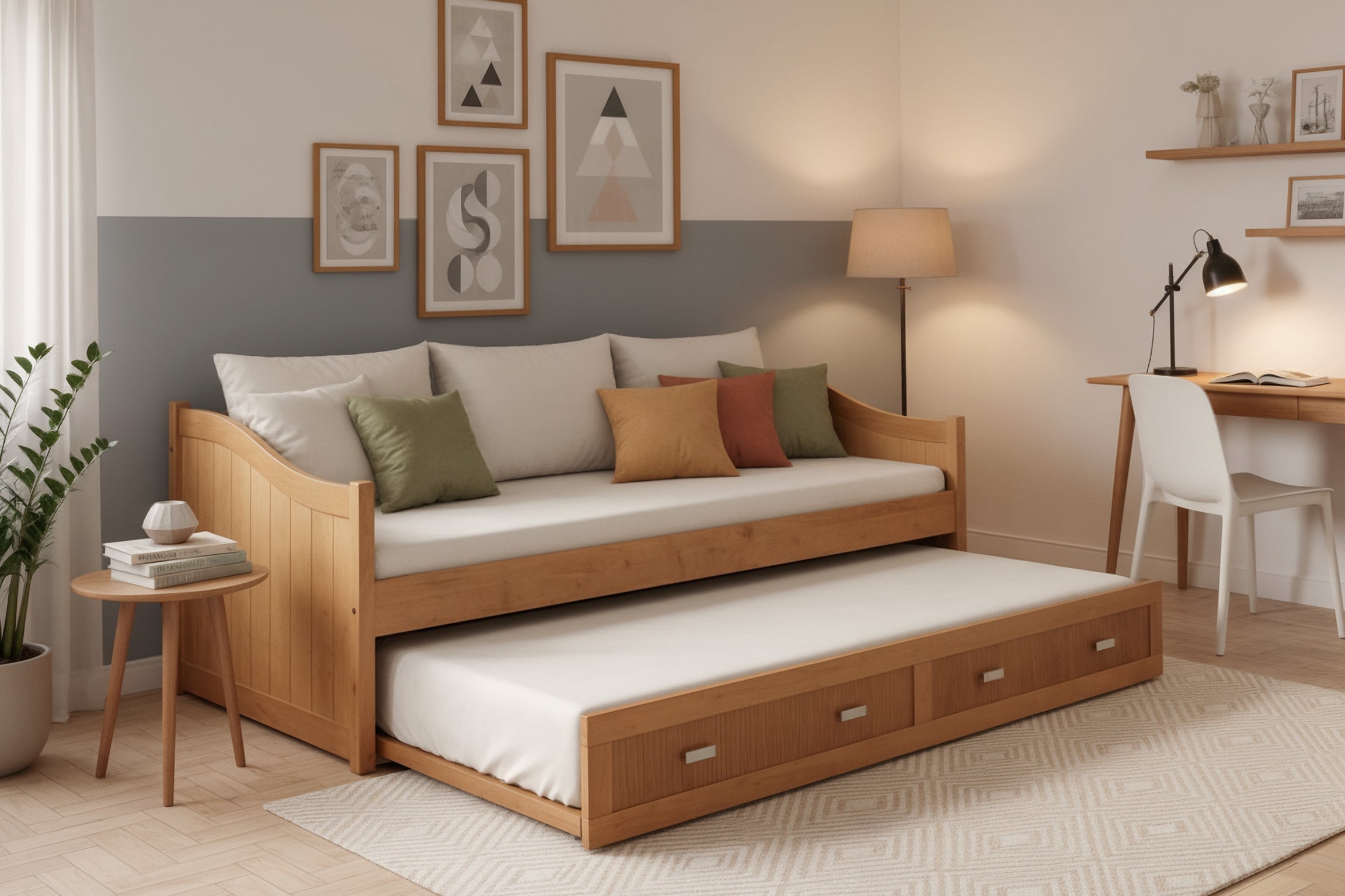 Ausziehbett Einzelbett Modul aus Massivholz – Nussbaum-Optik | Holzbett-4