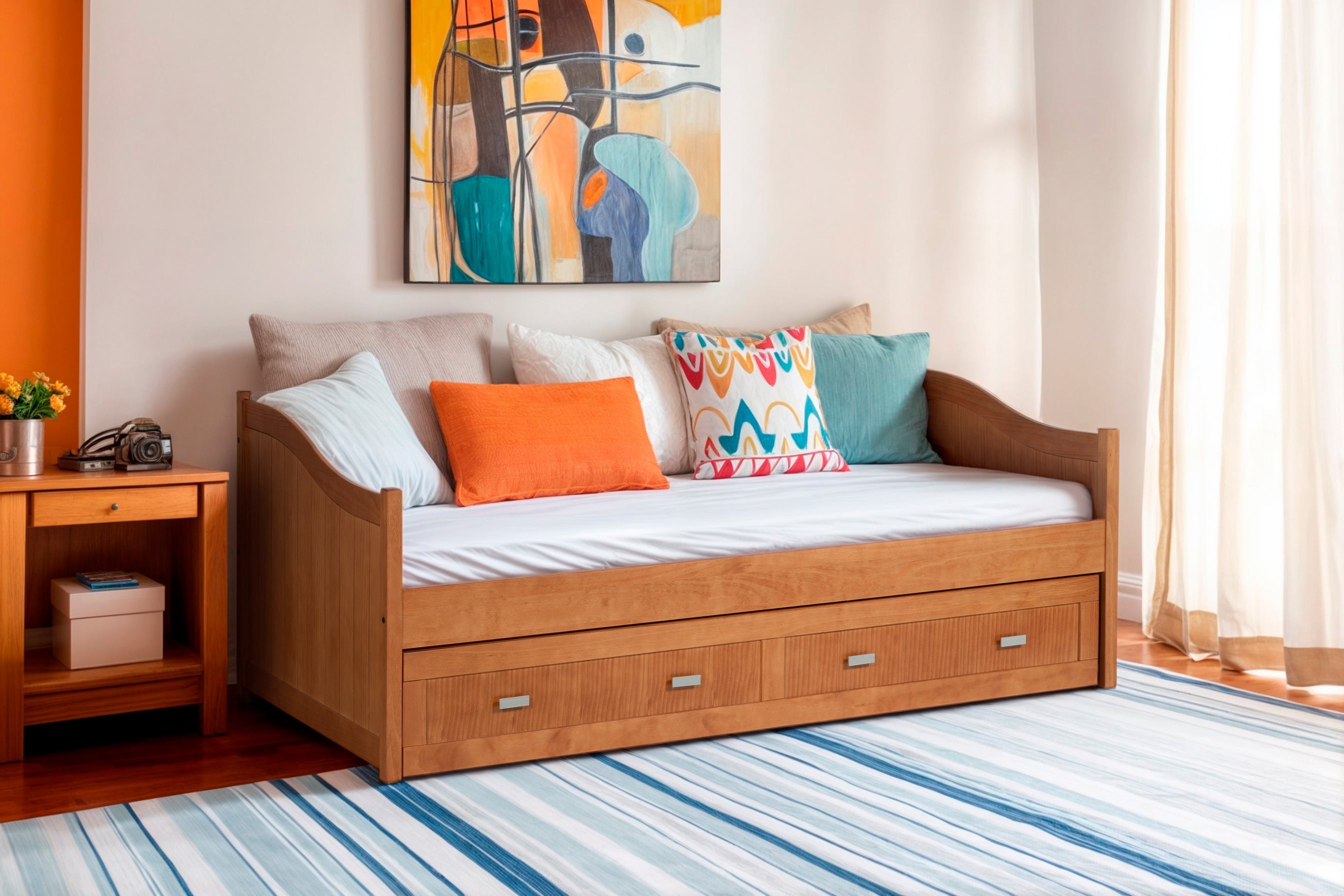 Ausziehbett Einzelbett Modul aus Massivholz – Nussbaum-Optik | Holzbett-0
