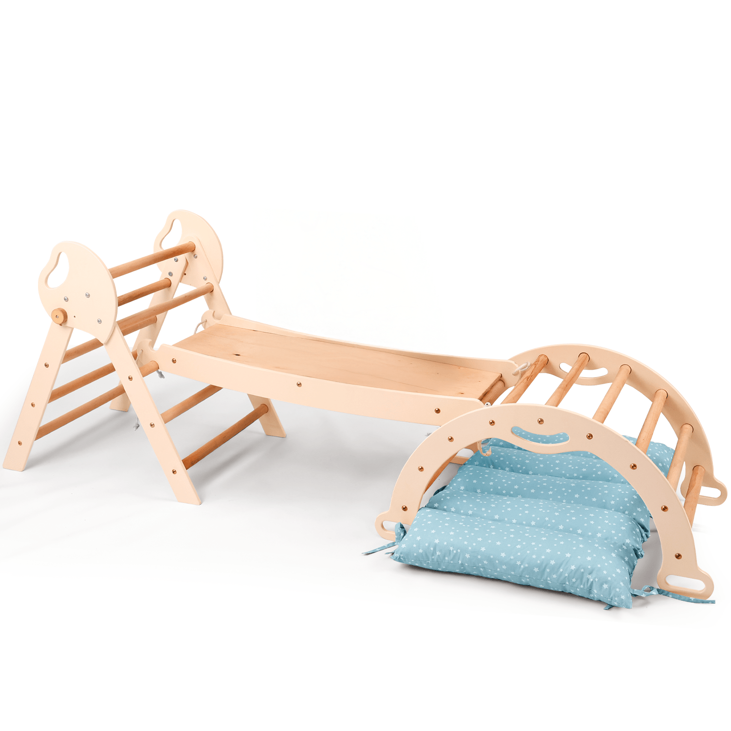 4in1 Montessori Klettergerüst: Pikler-Dreieck + Kletterbogen + Rutschbrett + Kissen für Kleinkinder (1–3 Jahre) – Ivory