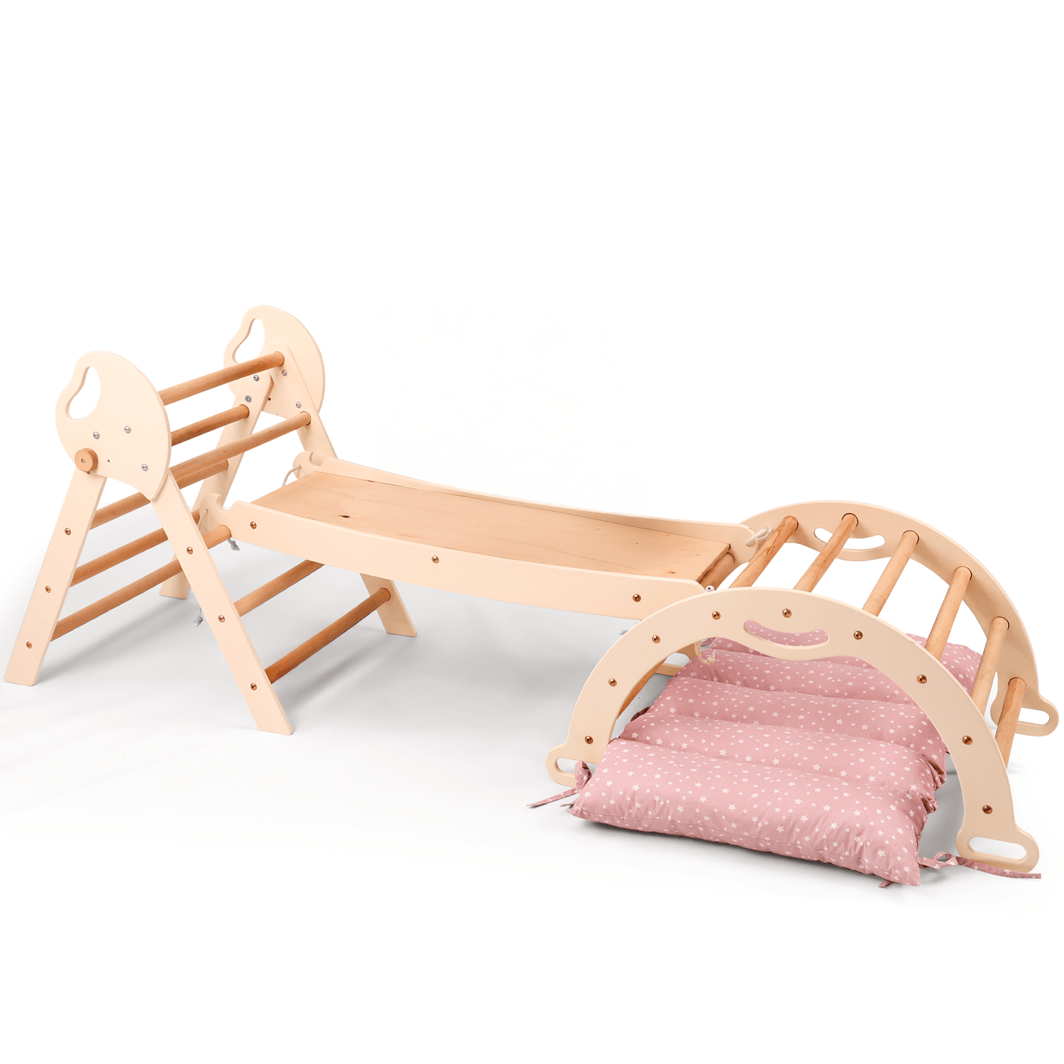 4in1 Montessori Klettergerüst: Pikler-Dreieck + Kletterbogen + Rutschbrett + Kissen für Kleinkinder (1–3 Jahre) – Ivory