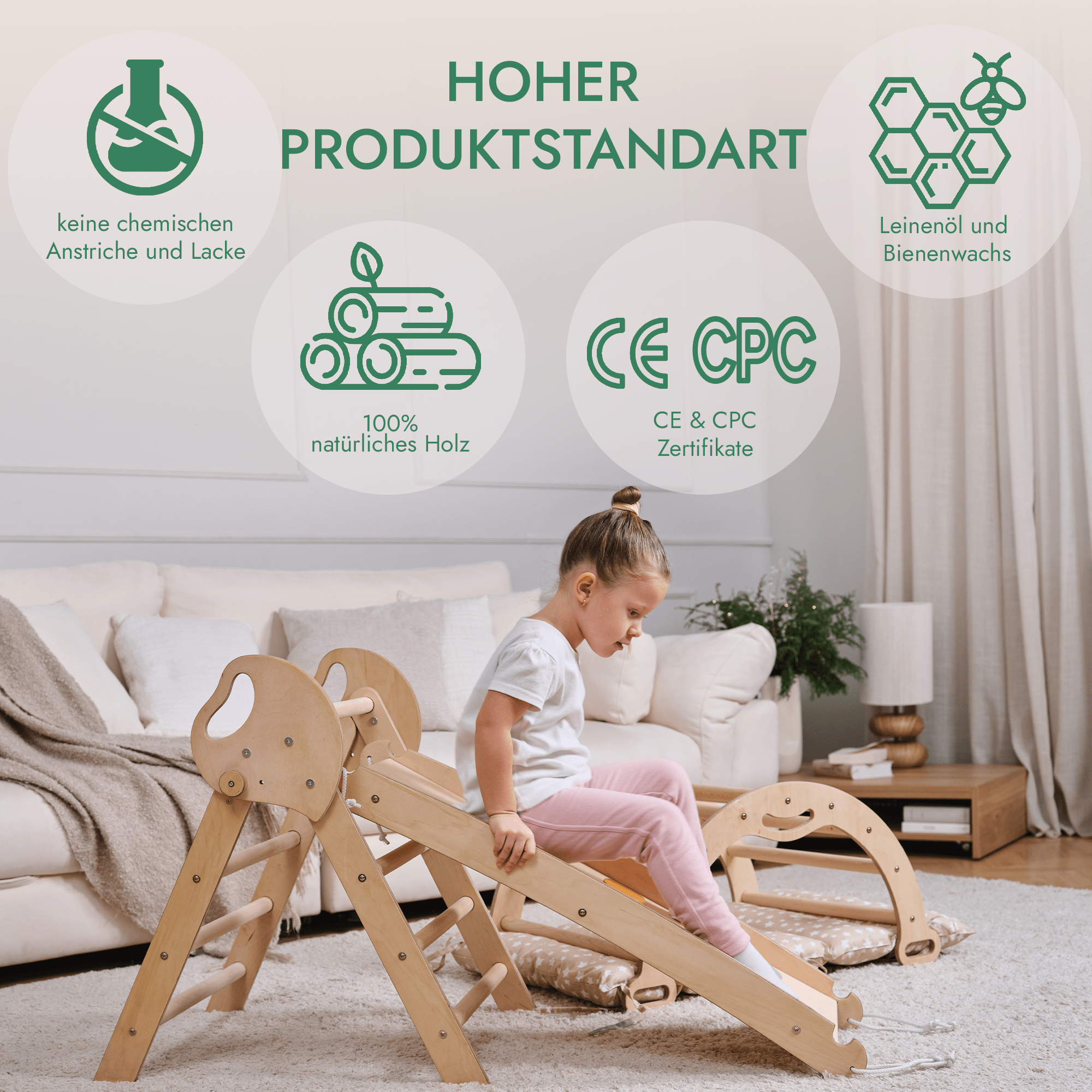 4in1 Montessori Klettergerüst: Pikler-Dreieck + Kletterbogen + Rutschbrett + Kissen für Kleinkinder (1–3 Jahre) – Ivory