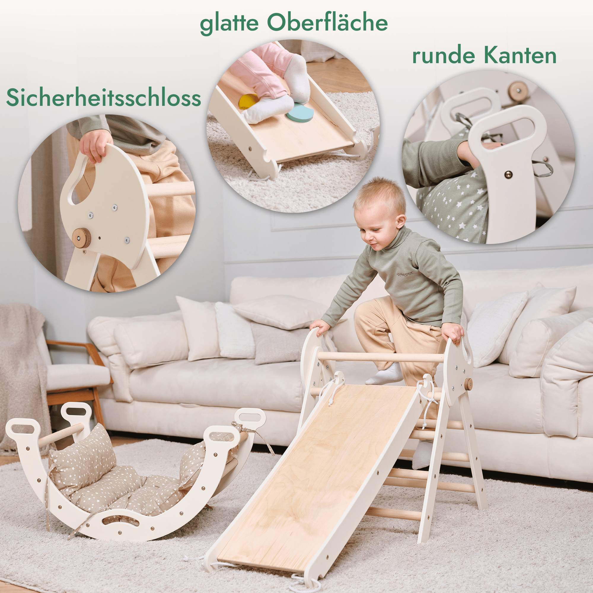 4in1 Montessori Klettergerüst: Pikler-Dreieck + Kletterbogen + Rutschbrett + Kissen für Kleinkinder (1–3 Jahre) – Ivory
