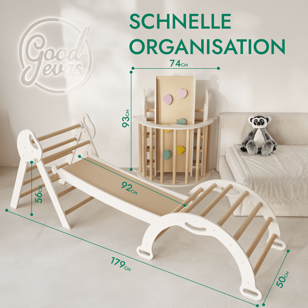 4in1 Montessori Klettergerüst: Pikler-Dreieck + Kletterbogen + Rutschbrett + Kissen für Kleinkinder (1–3 Jahre) – Ivory