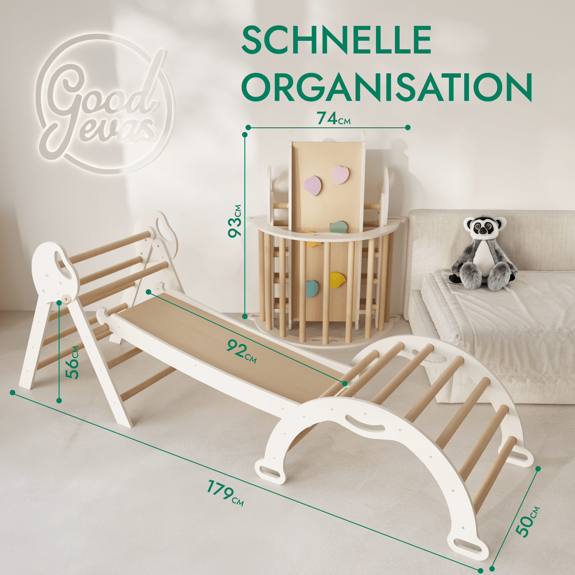 4in1 Montessori Klettergerüst: Pikler-Dreieck + Kletterbogen + Rutschbrett + Kissen für Kleinkinder (1–3 Jahre) – Ivory
