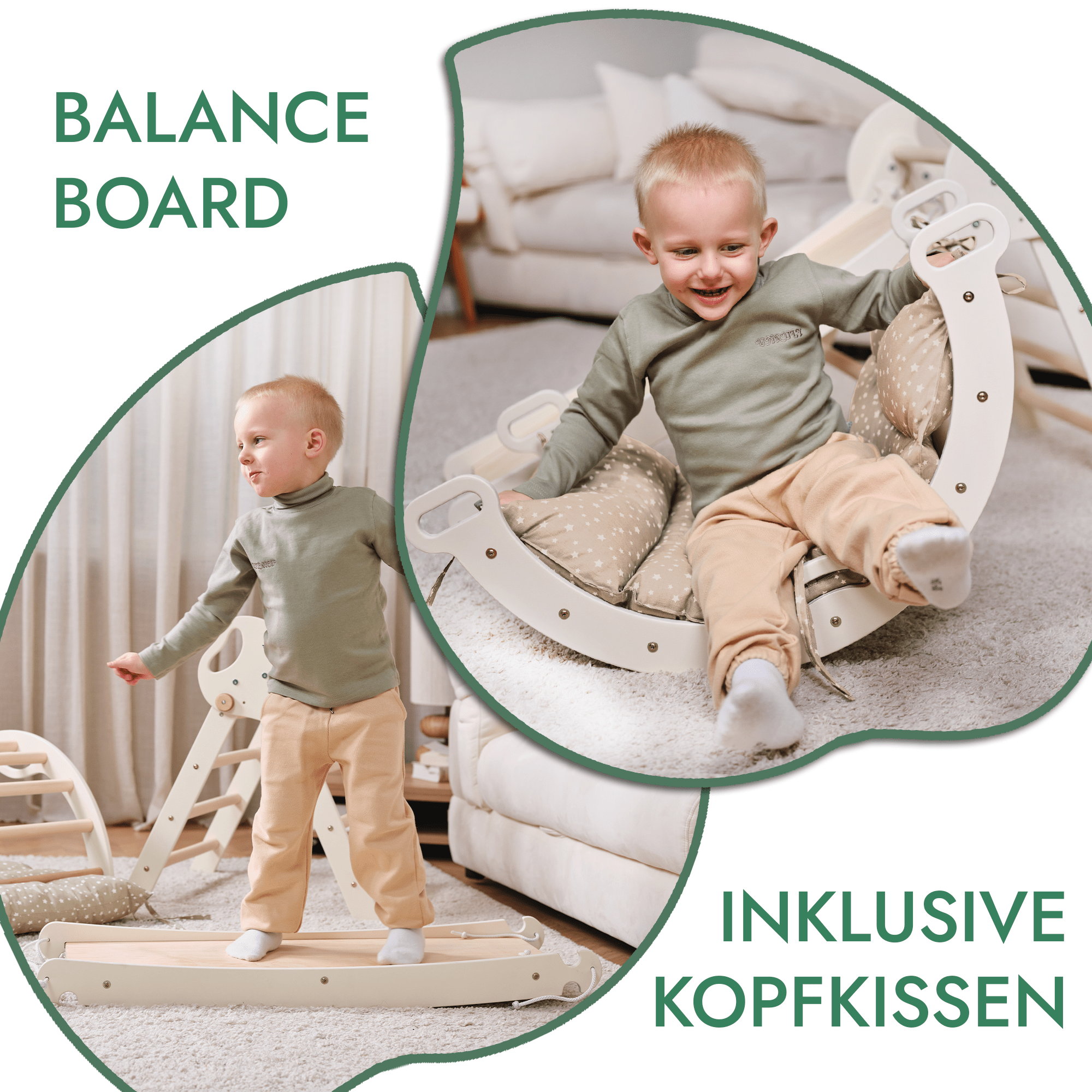 4in1 Montessori Klettergerüst: Pikler-Dreieck + Kletterbogen + Rutschbrett + Kissen für Kleinkinder (1–3 Jahre) – Ivory