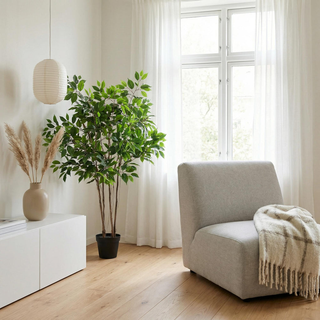 Kunstpflanze Ficus Benjamina 128cm – künstlicher Birkenfeigenbaum im Topf